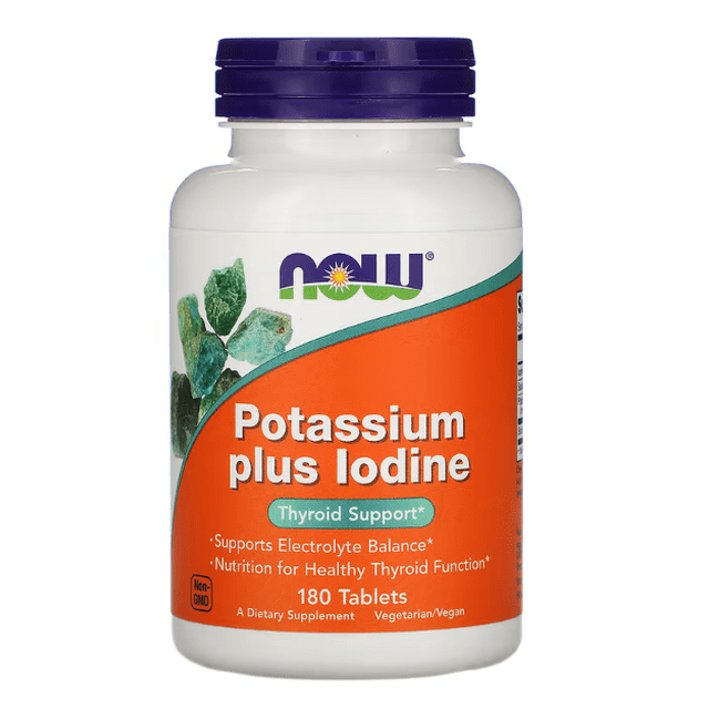 yoduro de potasio now potassium plus iodine 180 tabletas botella blanca con etiqueta naranja y tapa púrpura, vista frontal centrada que muestra el logo NOW arriba, texto principal "Potassium plus Iodine", leyendas en inglés sobre "Thyroid Support" y equilibrio de electrolitos, detalle gráfico de hojas verdes; referencia a refuerzo para la tiroides y nutrición para función tiroidea.