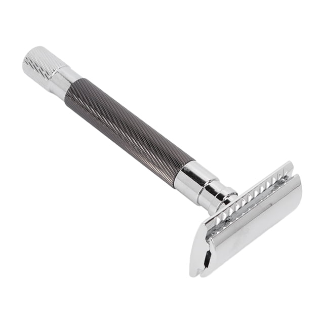 afeitadora buyweek afeitadora manual para hombres afeitadora para hombres mayores afeitadora manual experiencia incomparable maquinilla de afeitar de mano de aleación con mango ergonómico estriado gris oscuro y cabezal de acero inoxidable de doble filo, perilla ajustable y peine abierto, diseño antideslizante y cuerpo lavable sobre fondo blanco; adecuada para afeitados precisos y uso tradicional, también suele usarse para recortar barbas cortas en viajes.