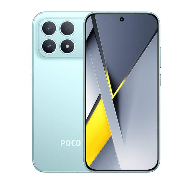 smartphone xiaomi poco f8 pro dual sim 512 gb 12 gb ram nuevo liberado azul vista centrada frontal y trasera; pantalla de 6.59" con cámara perforada superior, carcasa trasera azul mate con módulo rectangular de cámaras y logo POCO visible; dispositivo desbloqueado, compatible 5G, 512GB interno y 12GB RAM, también suele usarse para juegos de alta tasa de cuadros.