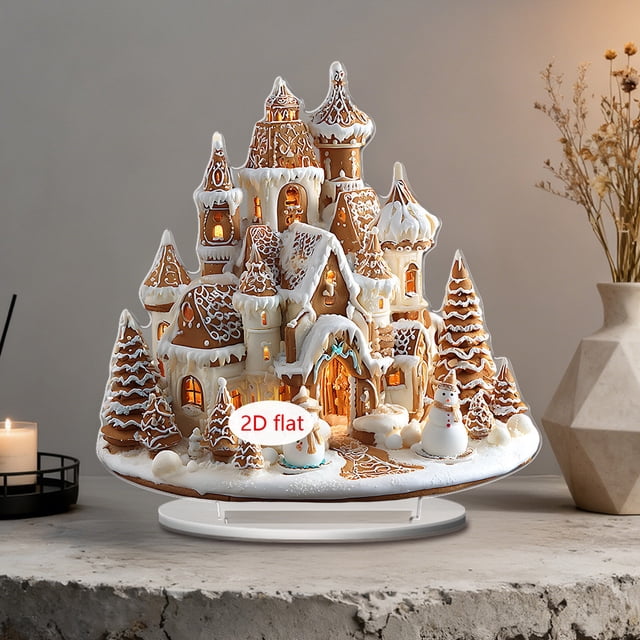 christmas acrylic ornaments set holiday carousel and castle decor, vista frontal de dos adornos acrílicos 2D para mesa: un castillo de varias torres y una escena de carrusel sobre bases blancas con soportes incluidos, detalles impresos marrón y blanco que imitan glaseado, ventanas y puertas recortadas que reflejan la luz, silueta plana y ligera ideal para mantel o estantería, mostrado en una repisa con vela y jarrón; también suele usarse como adorno de oficina o centro de mesa seasonal.