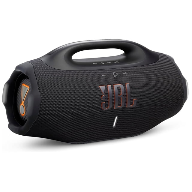 jbl boombox 4 negro bocina portátil con asa superior integrada, vista frontal centrada; cuerpo cilíndrico con malla texturizada negra y logo JBL en el frente, botones táctiles en la parte superior, radiadores pasivos en los extremos con acentos naranja y luz indicadora frontal. Diseñada para exteriores y fiestas; ofrece graves personalizables y conectividad Auracast según la ficha técnica; también adecuada para llevar música en viajes y reuniones al aire libre.