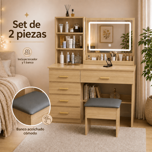 Zocalo Tocador con Espejo LED y Banco, Set de 2 Piezas, Tocador de Maquillaje con 5 Cajones y Estantes de Almacenamiento, Espejo con Luz Ajustable de 3 Tonos, Madera clara