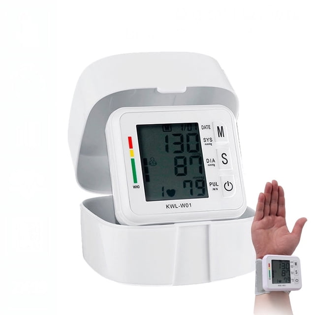 Monitor de presión arterial de muñeca, medidor de pulso y frecuencia cardíaca, brazalete de presión arterial ajustable con caja de almacenamiento.