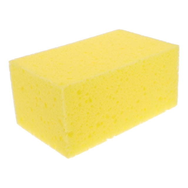 esponjas grandes para lavar el coche, antirayaduras, para la limpieza del coche, barco o del hogar amarillo, esponja rectangular de 16.5x10x7.5cm con patrón de panal y textura porosa, vista frontal en 3/4; absorbe agua y jabón y produce abundante espuma para eliminar suciedad de carrocería y ventanas; también suele usarse para limpieza del hogar.