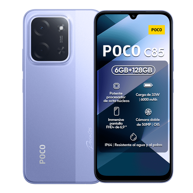 celular xiaomi poco phone c85 dual sim 6gb ram 128gb rom morado frontal y trasera; pantalla Dot Drop de 6.9" con notch en gota mostrando 6GB+128GB, posterior morado con módulo rectangular de cámara y lente principal de 50MP, cámara frontal 8MP, botón lateral con sensor de huellas. Especifica procesador Helio G81-Ultra y sistema HyperOS 2 y batería 6000mAh (carga rápida 33W) en la carátula; a menudo se usa como teléfono secundario para viajes por su larga autonomía.