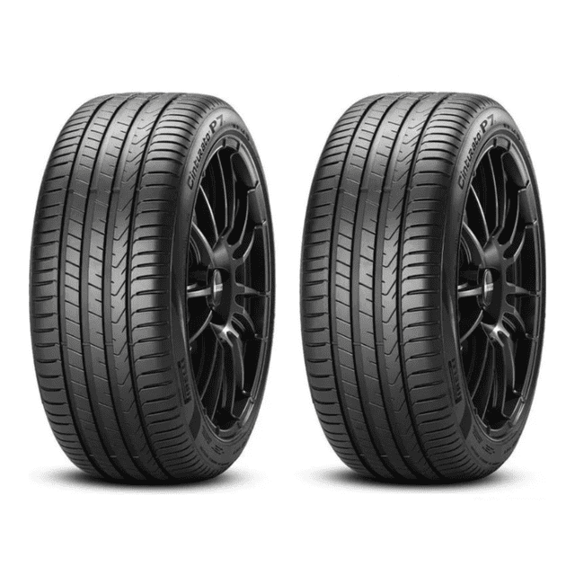 paquete de 2 llantas 205/55r16 pirelli cinturato p7 91v dos llantas negras en vista 3/4 con dibujo simétrico de banda de rodadura, cuatro canales longitudinales y bloques intermedios; flancos con marca Pirelli y texto Cinturato P7; especificadas para agarre en suelo mojado y desgaste uniforme según ficha técnica, también adecuadas para reemplazo en vehículos de medio y alto desempeño.