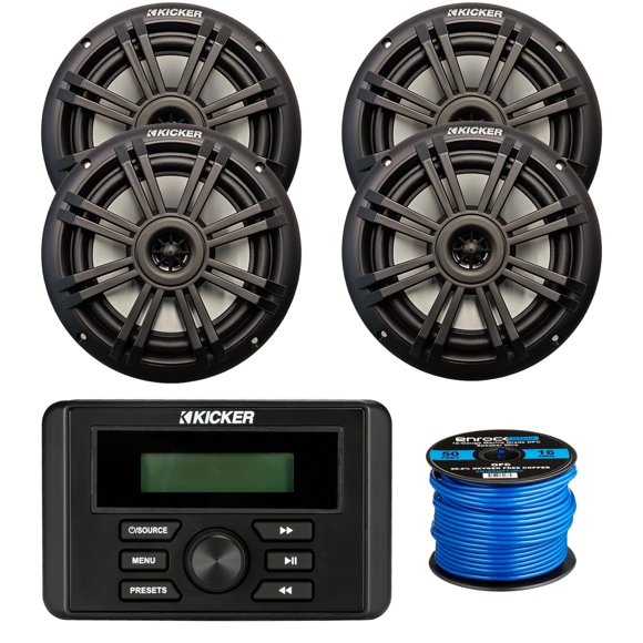 Estéreo KICKER Marine Bluetooth USB Altavoces de 6.5" (4) + Cable