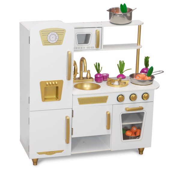 Cocina de Juguete de Madera para Niños con Refrigerador Cocinita Para Niñas Blanca -Vintage White And Gold