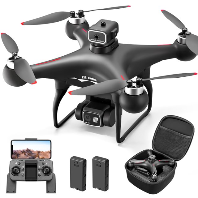 b-qtech s116 drone sin escobillas con cámara dual 720p, evitación de obstáculos; dron negro en vista 3/4 frontal con cuatro hélices (puntas rojas), cámara frontal y cámara inferior en cardán, patas de aterrizaje integradas, transmisor RC con soporte para smartphone, dos baterías Li‑Po y estuche de transporte; también apto como dron de práctica para principiantes que requieren grabación 720P y transmisión 5G mejorada.