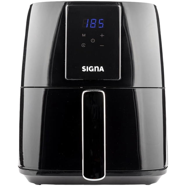 freidora de aire electrica 8 litros 1500w air fryer horno digital multifunciona temperatura ajustable antiadherente temporizador con apagado automático ideal para hogar Vista frontal centrada de la freidora SELECTSHOP negra con pantalla LED azul mostrando temperatura y panel táctil; canastilla extraíble con asa plateada de tacto frío, recubrimiento antiadherente, base antiderrapante y capacidad de 8 litros; suele usarse también para recalentar y dorar porciones grandes.