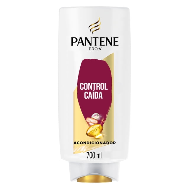 acondicionador pantene pro-v control caída 700 ml envase frontal blanco con logo Pantene Pro-V, etiqueta burgundy que dice 'Control Caída', ilustración de cápsulas y gota dorada, texto 'Acondicionador 700 ml' en la base y tapa flip-top visible; a menudo se usa como parte de la colección para ayudar a reducir la caída por quiebre según la etiqueta.