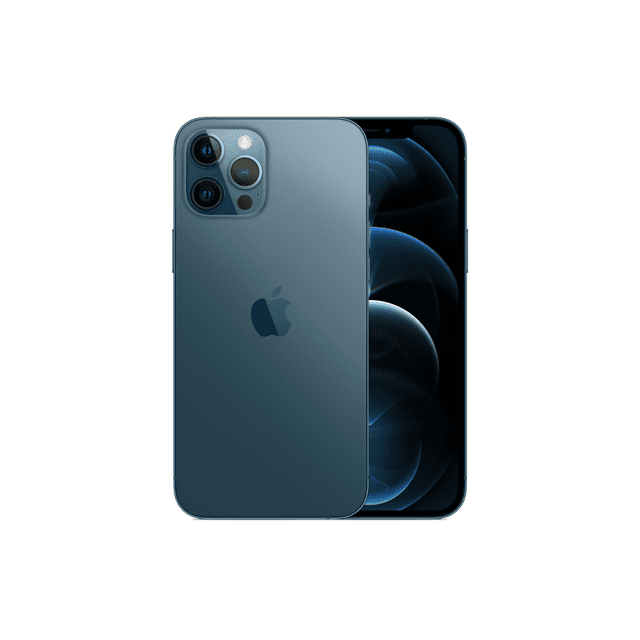 apple iphone 12 pro max 512gb azul reacondicionado frontal y trasera superpuestas; pantalla negra encendida al frente y carcasa azul detrás con módulo cuadrado de triple cámara y sensor, bordes planos de acero inoxidable y logo Apple visible. Producto reacondicionado, incluye caja y cable alternativo; también suele usarse como teléfono de respaldo por su alta capacidad de almacenamiento.