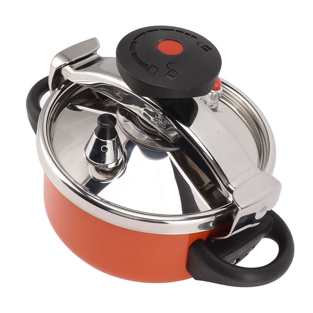 olla a presión de acero inoxidable de 2l mini, mini olla a presión de cocción rápida con cuerpo naranja y borde de acero, vista 3/4 superior que muestra tapa de acero inoxidable con mango de cierre curvo, válvula de presión cónica y regulador negro con botón rojo; asas laterales de silicona negras, apta para 1-2 personas y uso en estufas de gas o inducción; a menudo se usa también para preparar porciones pequeñas de sopas o arroz durante viajes cortos.