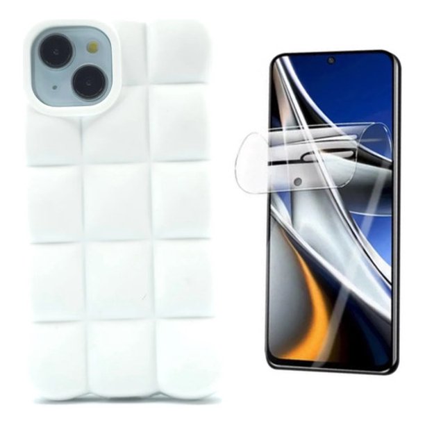 Funda + Mica Hidrogel Icon Case Bombon para IPHONE 15, Carcasa, Protector, Uso Rudo, Protector de Pantalla, Antigolpes, Esquinas Reforzadas, Protección de Cámara - Blanco