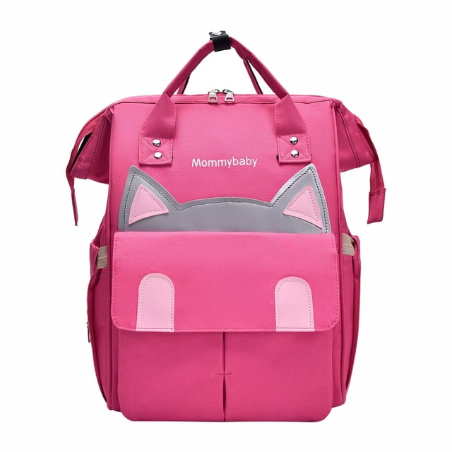 mochila pañalera multifuncional de gran capacidad con bolsillos aislados para biberones, bolsillo trasero antirrobo, nylon duradero, diseño de doble hombro para viajes y uso al aire libre, 40x25x16cm rosa: vista frontal centrada de mochila rectangular rosa con asas superiores y correas dobles; logo 'Mommybaby' en el panel superior; solapa frontal con detalles tipo orejas y parches rosa claro; bolsillo frontal y compartimento principal con cremalleras dobles; bolsillos laterales y bolsillo trasero antirrobo; tejido de nailon liso y resistente; adecuada para organizar artículos de mamá y bebé.