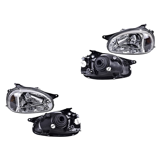 2 faros delanteros chevy 2001 a 2003 chevrolet liso c/ajuste depo Par de faros delanteros DEPO para Chevy 2001–2003, iluminación automotriz; vistas frontal y posterior de ambos faros, carcasa trasera negra lisa, tulipa transparente, reflectores y mecanismo de ajuste visibles. Suelen usarse también como reemplazo completo para restaurar el sistema de iluminación delantera.