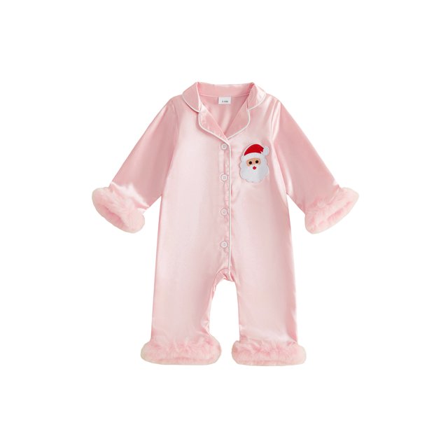 Pijama navideño para bebé niña, mono de satén de manga larga con bordado de Papá Noel.
