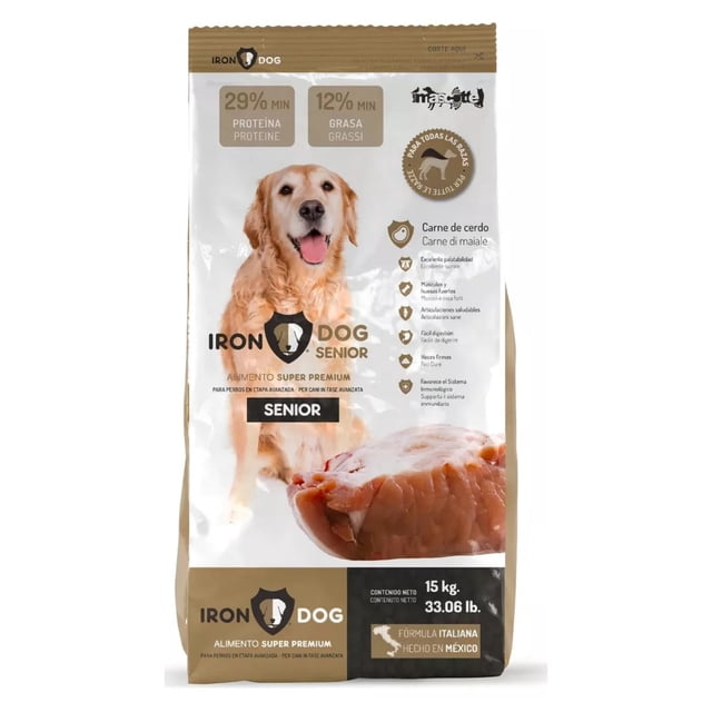 alimento para perro iron dog super premium senior 15 kg seco, bolsa frontal con perro adulto dorado centrado, rótulos muestran 29% proteína y 12% grasa y sabor carne de cerdo; beneficios visibles: apoyo a huesos y articulaciones, favorece la digestión, fortalece sistema inmune y heces firmes; adecuado como alimento para perro senior.