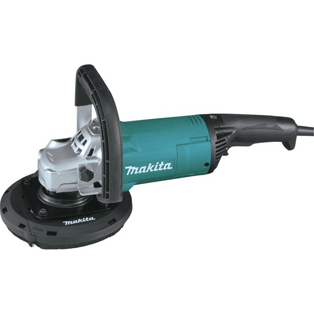 cepilladora de superficies de concreto makita ga9060rx3 7 con extracción de polvo, vista 3/4 lateral de cuerpo cilíndrico turquesa con logotipo Makita, mango trasero negro con gatillo, carcasa metálica frontal y guardapaños negro de 7" conectado a funda de extracción de polvo; también adecuada para limpieza superficial previa a sellado.