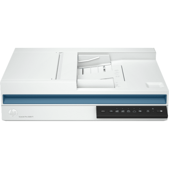 escáner hp scanjet pro 2600 f1 hp hp-20g05a escáner blanco de sobremesa, vista frontal con alimentador automático de documentos superior y bandeja plegable, franja azul frontal y panel de control negro con iconos táctiles; adecuado para escaneo a doble cara y flujos de trabajo con accesos directos.