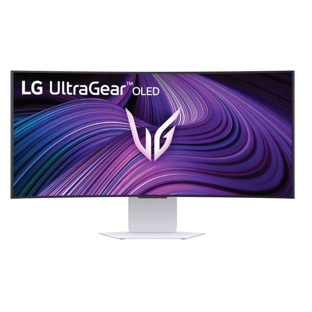 monitor curvo lg ultragear gaming 34 pulgadas oled Blanco — vista frontal centrada de monitor curvo 34" OLED con logo UltraGear en pantalla; biseles delgados, soporte en L blanco y base plana; curvatura 800R perceptible; pantalla con patrón morado y azul. También suele usarse como pantalla principal para transmisión y juegos en la nube.