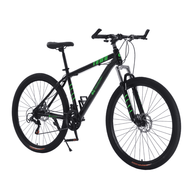 bicicleta de montaña bluelander rodada 29 (negro/verde) 3/4 frontal; cuadro de acero negro con detalles verdes, suspensión delantera con amortiguadores visibles, 21 velocidades con desviador trasero, frenos de disco, neumáticos rodada 29 con dibujo off-road, manubrio plano y sillín acolchado. Adecuada también para traslados urbanos ocasionales.