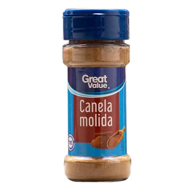 canela great value molida 55 g Frasco frontal centrado de canela en polvo Great Value con tapa azul y etiqueta azul/marrón que muestra el logo y texto "Canela molida"; especia para repostería y bebidas sobre fondo blanco.