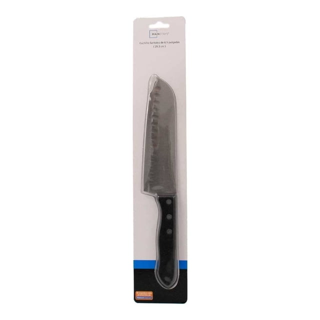 cuchillo santoku mainstays de acero inoxidable espiga completa 23.3 cm — Cuchillo santoku de 23.3 cm con hoja de acero inoxidable y mango negro de tres remaches en blister; hoja con cavidades tipo granton que minimizan la adherencia y espiga completa visible en la unión. Adecuado para cortes uniformes de carne, pescado y vegetales; también suele usarse para filetear porciones finas.