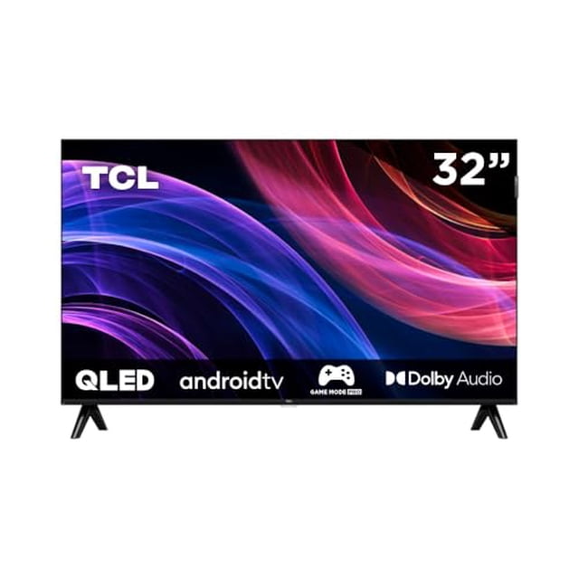tcl smart tv pantalla 32" 32q2k google tv hd qled google assistant| alexa | 2k hdr10| nits 300 | panel 60 hz | dolby digital+ Televisor TCL 32" vista frontal con patas en V y pantalla QLED mostrando ondas moradas y rojas; logos de QLED, Android TV y Dolby Audio en el bisel inferior. Soporta HDR10 y audio Bluetooth, apto también para uso como monitor de PC.