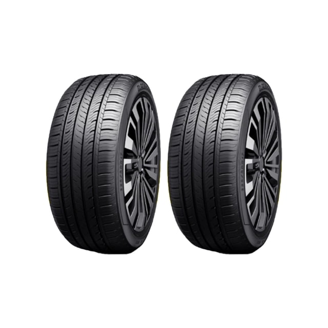 paquete de 2 llantas 215 60 r17 96t blackhawk hh11 vt paquete de dos llantas negras 215/60 R17, vista 3/4 frontal de ambos neumáticos alineados, banda de rodamiento con canales longitudinales y surcos transversales visibles, flancos lisos y montadas en rines oscuros de múltiples radios sobre fondo blanco; diseño pensado para estabilidad de conducción, manejo silencioso y desempeño en mojado, también suele usarse para reemplazo par trasero o delantero en vehículo familiar.