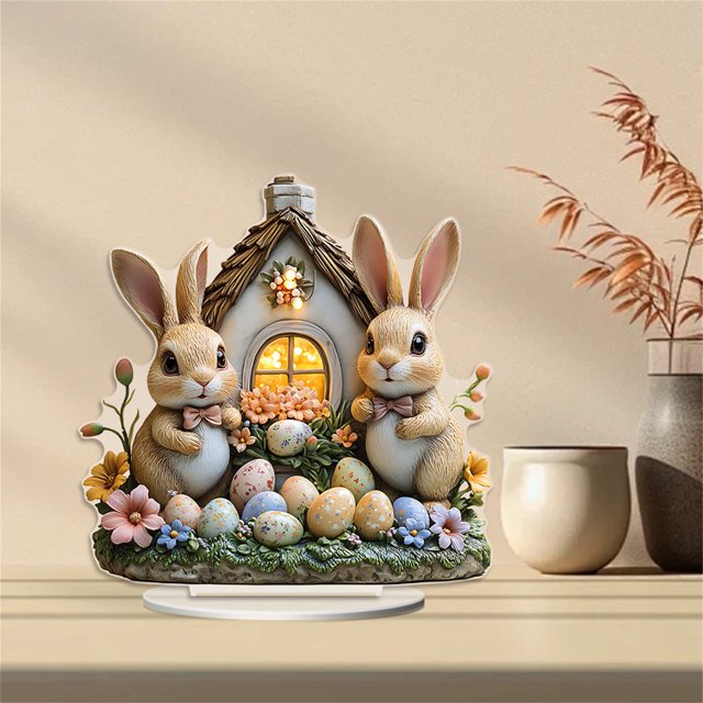decoraciones de pascua, adornos de pascua, regalos de pascua. dos lindos conejos de pascua, decoración de escritorio para fiesta. adorno impermeable y duradero de alecs. conejo para festival. Vista frontal centrada de dos conejos multicolor junto a una casita con ventana iluminada, base con huevos pintados, flores y follaje; diseñado para escritorio o estante en decoraciones de Pascua y reuniones primaverales, resistente e impermeable según la ficha, y adecuado como regalo festivo.