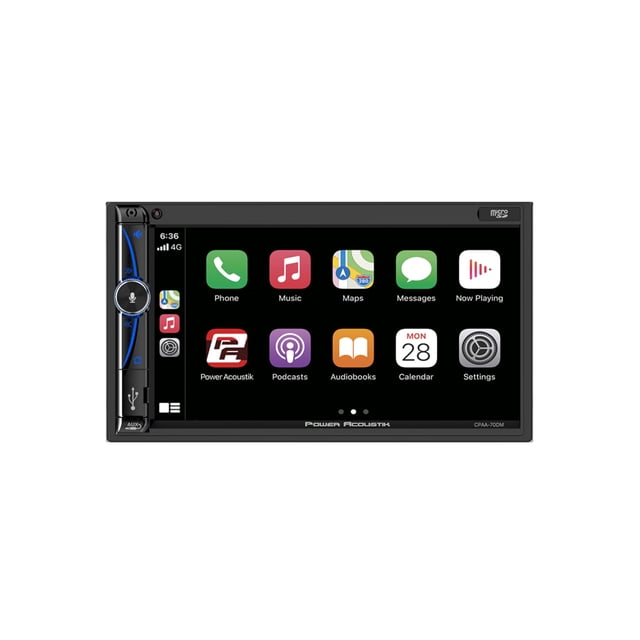 pantalla táctil hd power acoustik cpaa-70d estéreo para coche de 7 pulgadas, vista frontal centrada de doble DIN con pantalla táctil HD de 7" mostrando Apple CarPlay; botonera izquierda con anillo de control iluminado RGB, puerto USB y logo Power Acoustik en el bisel, iconos visibles de Phone, Music y Maps; compatible con Android Auto, Bluetooth, entradas USB/SD/AUX y cámara de respaldo, a menudo usado en instalaciones indash y adecuado para vehículos recreativos pequeños.