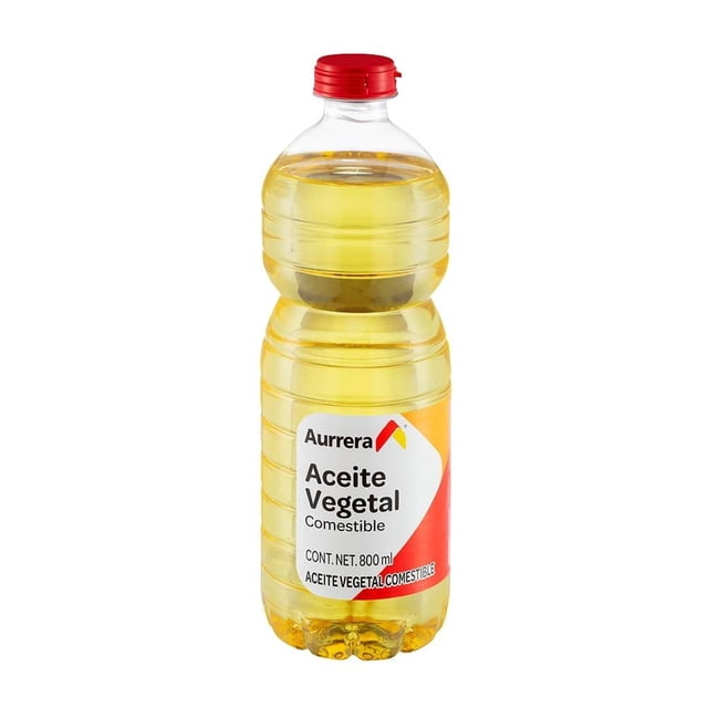 aceite vegetal aurrera mixto 800 ml botella frontal transparente con aceite amarillo claro, tapa rosca roja y etiqueta blanca y roja con logo Aurrera; apto para freír y guisados caseros, opción habitual para despensa familiar.