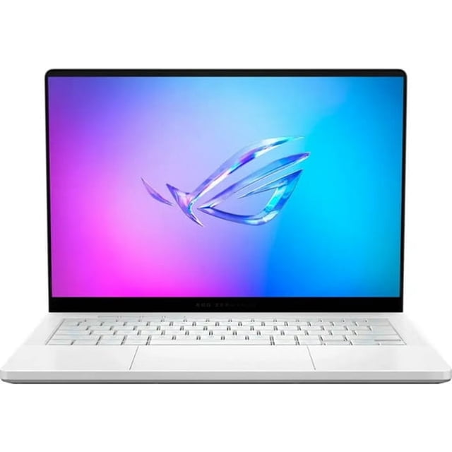 asus - laptop gamer rog zephyrus g14 14" 3k oled 120hz - copilot+ pc - amd ryzen ai 9 hx - 32gb ram - nvidia rtx 5070 ti - 1tb ssd - blanco platino Vista frontal centrada de la ASUS ROG Zephyrus G14 en Blanco Platino con pantalla OLED 14" 3K 120Hz mostrando fondo degradado púrpura-azul y logotipo ROG; teclado y trackpad blancos, biseles delgados y diseño moderno; especificada con AMD Ryzen AI 9 HX, 32GB RAM, GPU NVIDIA RTX 5070 Ti y SSD 1TB; suele usarse también como estación móvil para edición y creación de contenido.