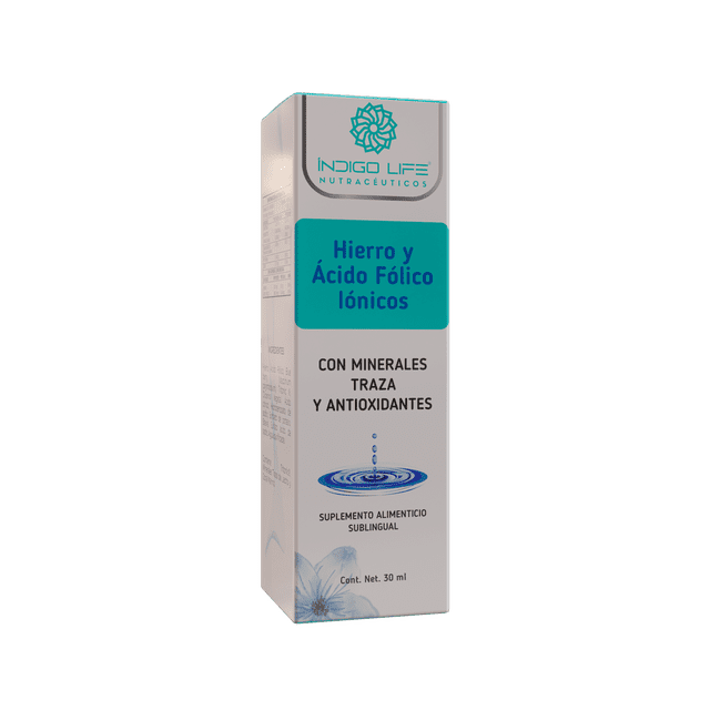 hierro ionizado, ácido fólico y minerales traza 30 ml Suplemento frasco gotero sublingual Indigo Life Nutraceuticos, caja con etiqueta blanca y panel turquesa que dice “Hierro y Ácido Fólico Iónicos”, texto secundario “Con minerales traza y antioxidantes”, ilustración de gotas sobre círculos concéntricos y leyenda cont. net. 30 ml; también apto para conservar pequeñas dosis líquidas durante viajes.