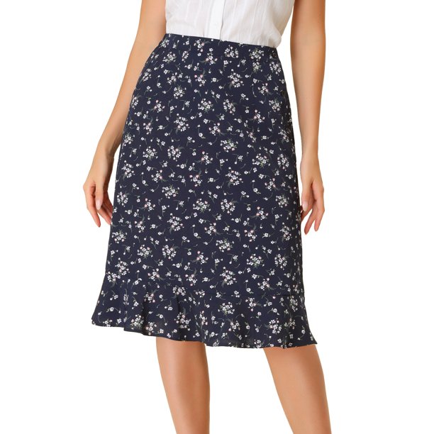 Falda Midi Allegra K Dividicon Con Volantes Florales Azul Oscuro L