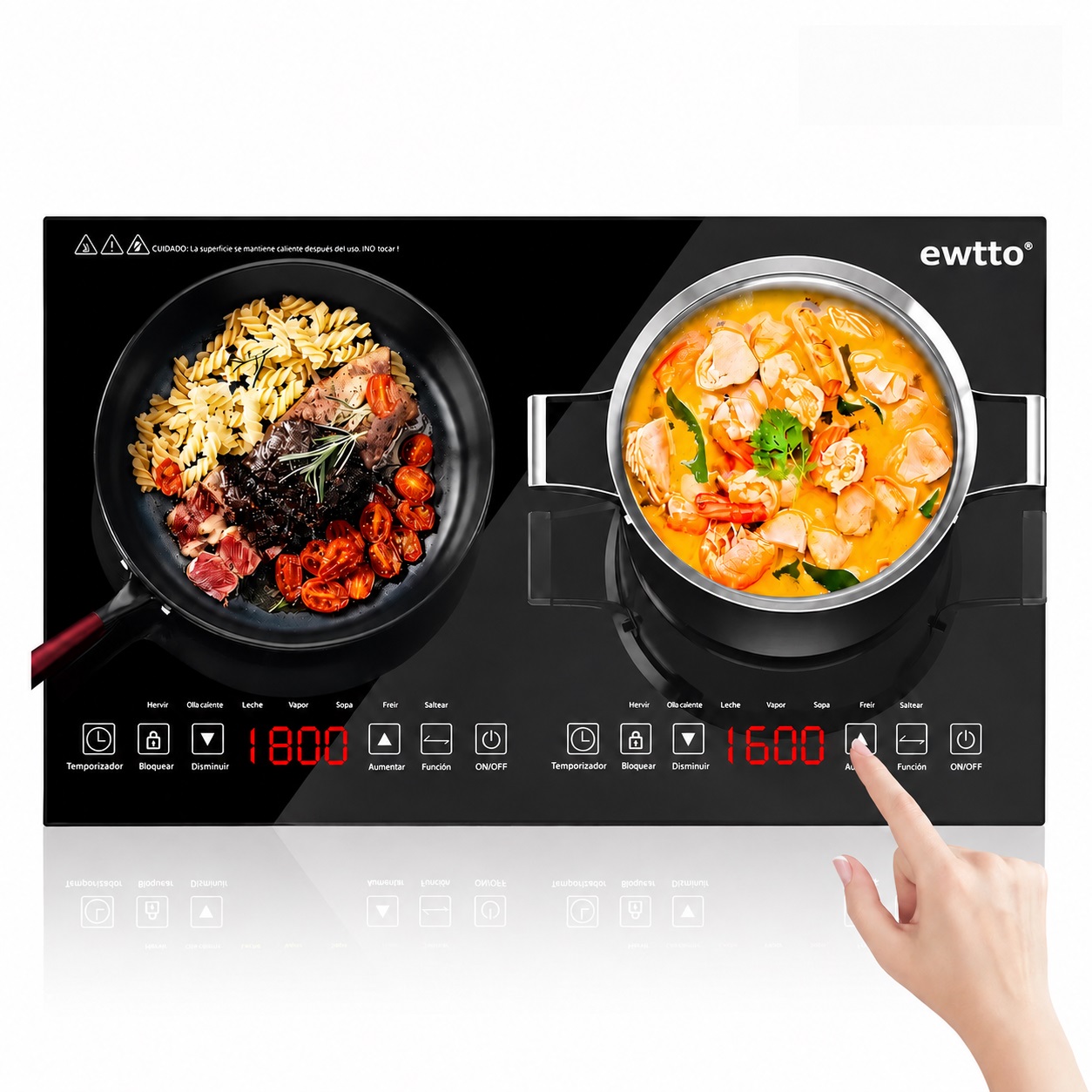 Parrilla de Inducción EWTTO ET-H8007 de 2 Quemadores, 2000W, 8 Niveles de Potencia y Temperatura, Panel de Vidrio Cerámico Integrado, Cocina Rápida y Segura