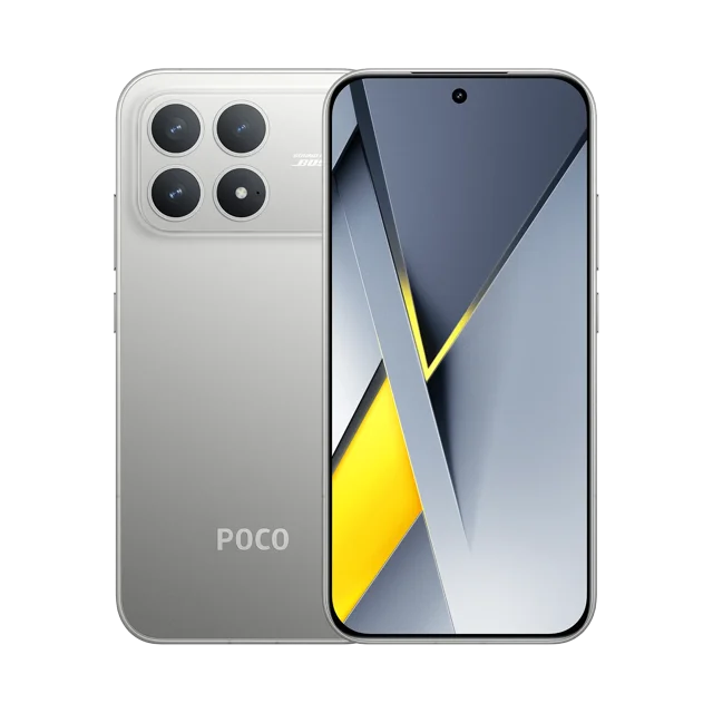 xiaomi poco f8 pro versión global 512gb 12gb ram dual sim 6.59" amoled snapdragon® 8 elite 120hz 6210mah 100w nfc hypercharge,plata Vista frontal y trasera del teléfono en color plata: pantalla AMOLED de 6.59" con orificio central para cámara y biseles ultradelgados, trasera con isla de cámara triple (tres lentes grandes y sensor adicional), logotipo POCO, marco microcurvado y acabado mate; suele usarse para gaming intensivo y carga rápida de 100 W.