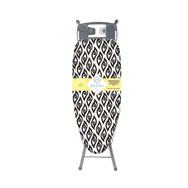 funda repuesto para burro de planchar wide best 122cm x 46cm 100% algodón + teflon máxima hogar multicolor. Vista frontal centrada de la funda colocada en tabla de planchar; patrón geométrico negro y blanco, banda amarilla con logo Maxima Hogar, borde elástico alrededor y acolchado visible para soporte y absorción de vapor.