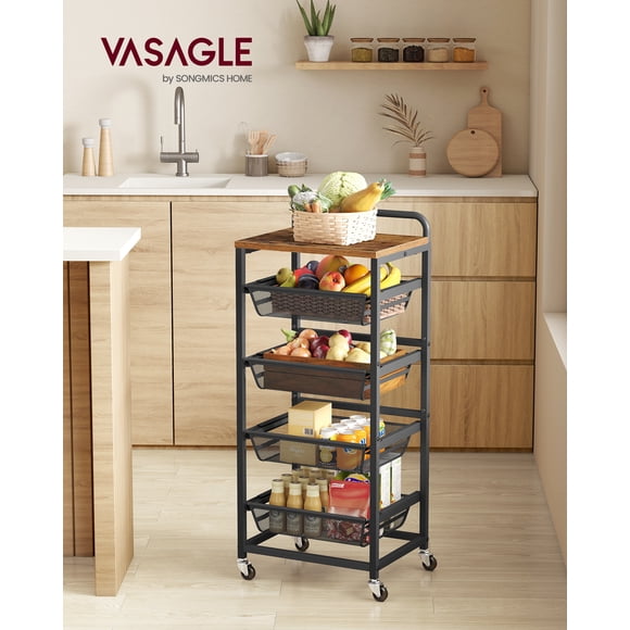 VASAGLE Carrito de Almacenaje de 5 Niveles, Cestas Extraíbles, Estante con Ruedas y Asa, 31.7 x 40 x 95 cm, Marrón Rústico y Negro Tinta