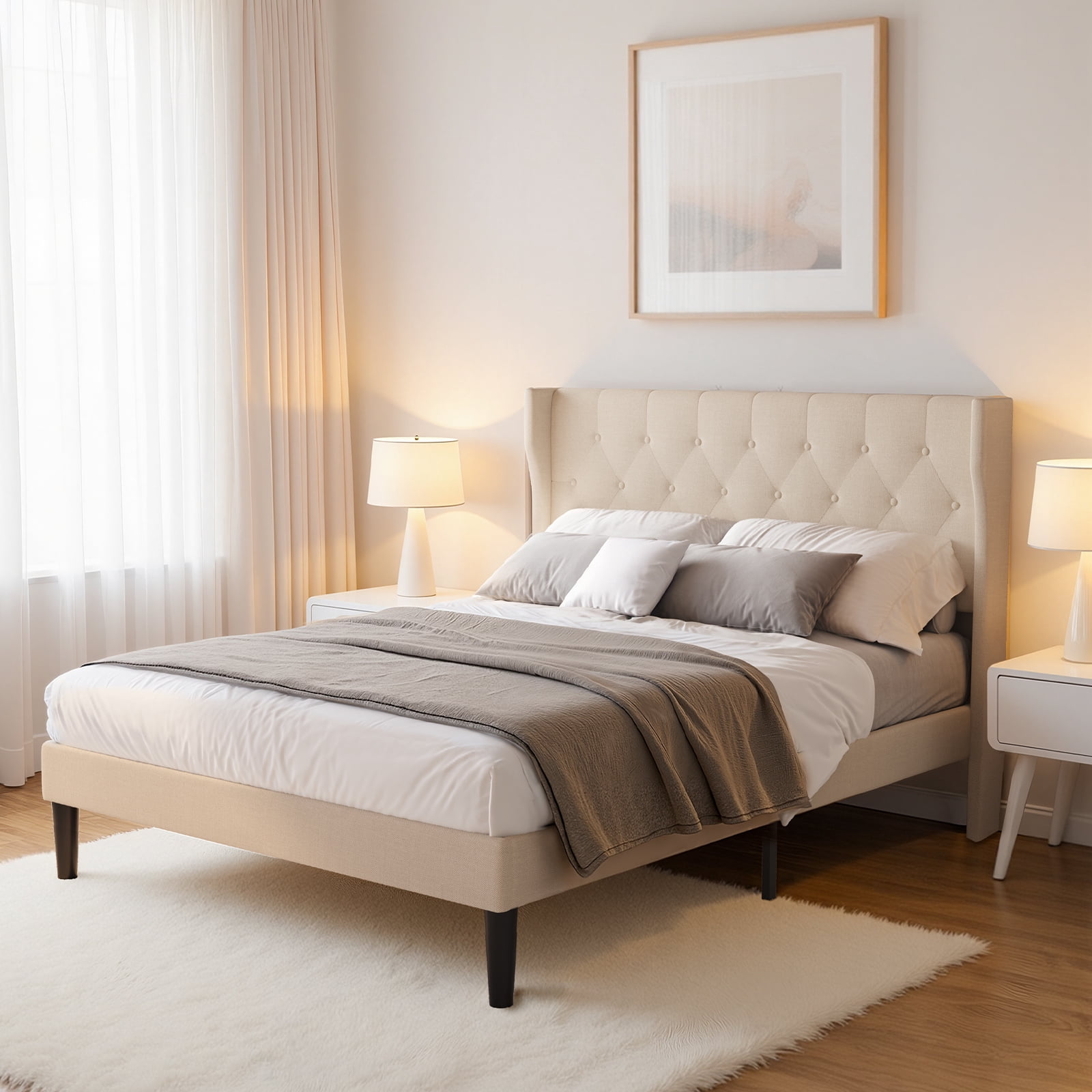 Marco de Cama Matrimonial Tapizado con Cabecera Wingback, Estructura de Acero y Listones de Madera, Beige, 196 x 145 x 119 cm
