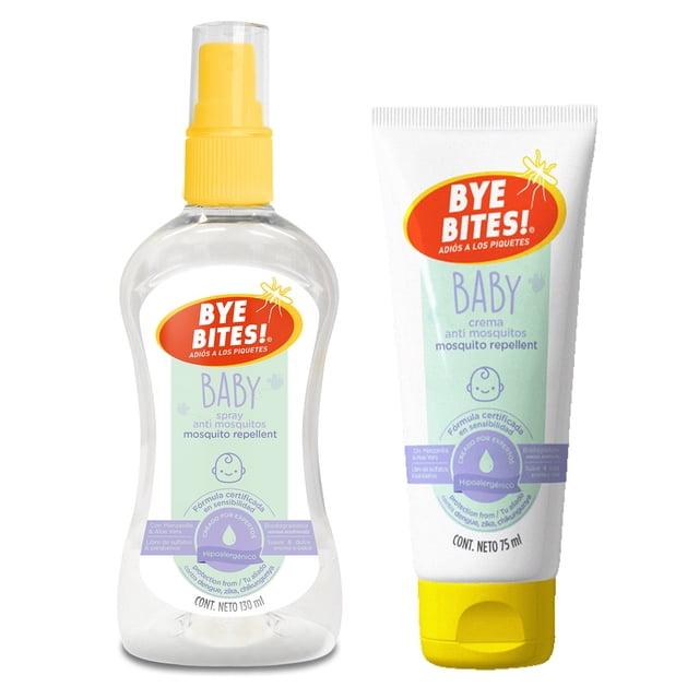 bye bites repelente de mosquitos baby para bebe 130ml + repelente de insectos en crema baby 75ml - con manzanilla y aloe vera Pack Bye Bites Baby con spray transparente 130 ml y crema 75 ml; envases con tapas amarillas y etiquetas blancas con texto 'BABY', formulados con IR3535 al 7.5% y aroma suave a manzanilla, texturas hidratantes y envases biodegradables; suele llevarse en la pañalera para uso fuera de casa.