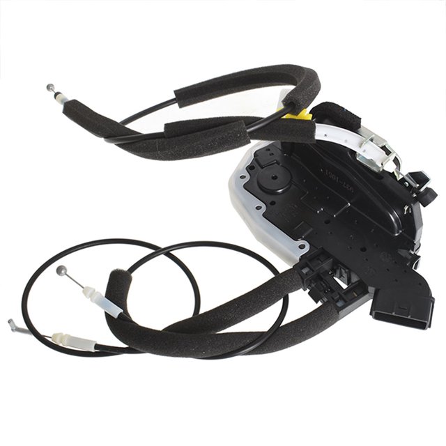 lablt actuador de cerradura de puerta delantero izquierdo lado del conductor de repuesto para nissan versa 2013-2017 80501-3ba1a 805013ba1a, ensamblaje frontal con carcasa rígida blanca y negra y varios cables forrados en espuma negra, conectores y extremos metálicos visibles, diseñado para reemplazar el mecanismo de cierre de la puerta delantera izquierda; a menudo usado como repuesto directo en reparaciones de cerraduras de puertas.