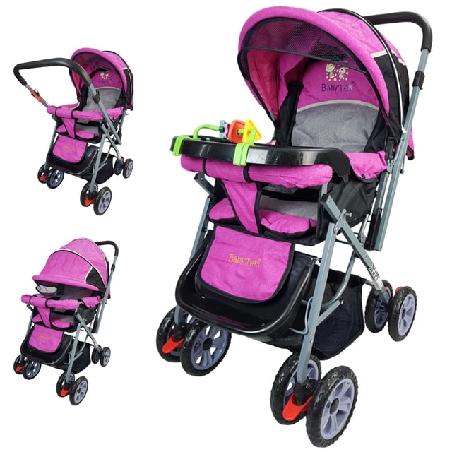carriola reversible the baby shop h-b con toldo plegable 3 posiciones rosa reversible con arnés de 2 puntos, sistema de fácil reclinado y 3 posiciones (se reclina totalmente); toldo plegable de 3 posiciones con ventana de malla, charola con juguetero desmontable y canastilla amplia; chasis gris y tela rosa, descanso de pies ajustable, seguro en llantas traseras y bloqueo en delanteras; adecuada también para salidas cortas y transporte de accesorios de bebé.