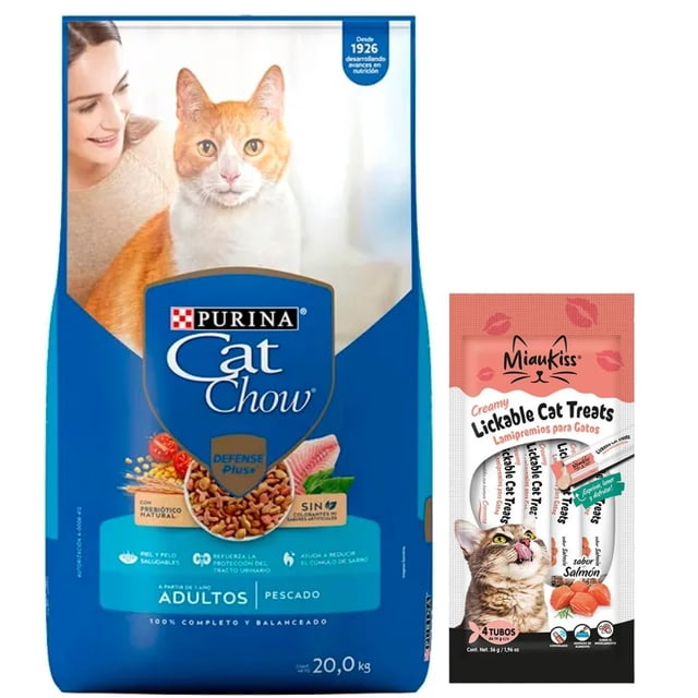 cat chow adulto pescado defense plus 20 kg + miaukiss lickable salmon 4 pack 56gr Bolsa azul frontal de 20 kg Cat Chow Adulto Pescado Defense Plus con logo Purina y foto de gato, indica beneficios para piel y pelaje, salud urinaria e hidratación; al lado paquete Miaukiss Lickable Salmon 4 tubos como premio para alimentación felina.