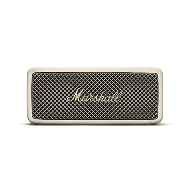 bocina portátil marshall emberton ii color crema frontal centrada: bocina compacta rectangular con marco crema texturizado, rejilla oscura de malla y logotipo Marshall dorado en el centro; diseño resistente y portátil con conectividad Bluetooth, ideal para viajes, reuniones y entretenimiento diario.