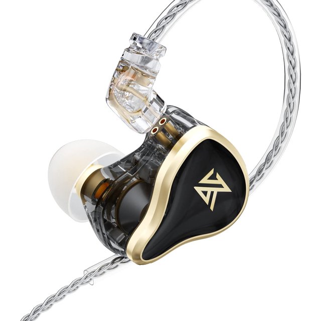 auriculares kz zas 7ba+1dd 16 hybrid drivers hifi bass black auricular intraural izquierdo con carcasa negra y borde dorado en vista 3/4; cuerpo transparente que muestra drivers y logo KZ en la cara exterior, punta de silicón blanca y cable trenzado plateado con conector de 2 pines, diseño ergonómico para ajuste cómodo en canal auditivo, también suele usarse para monitorización personal en sesiones de audio portátil.