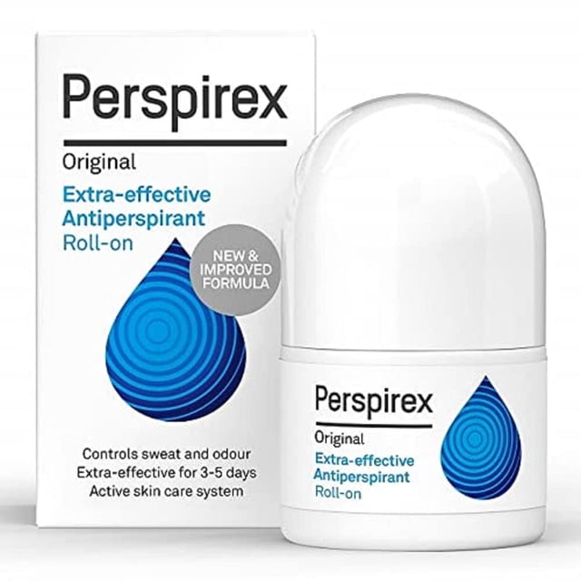 antitranspirante perspirex roll-on original extra efectivo 20 ml - sudoración excesiva axilas (hiperhidrosis) / hypersolutions Envase roll-on blanco frontal con cabezal esférico y caja a la izquierda; etiqueta muestra gota azul en degradado y texto 'Perspirex Original Extra-effective Antiperspirant', contiene 20 ml, fórmula clínicamente probada y aplicación 2 a 3 veces por semana; suele emplearse también como opción para controlar sudoración localizada en manos o pies.