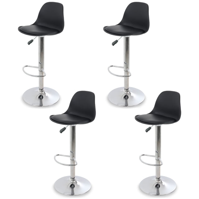 sillas para bar y barra de cocina con respaldo y reposapies de altura ajustable banco taburete giratorio con asiento acolchado de diseño moderno set 4 piezas negro Jolbird, cuatro taburetes frontales negros con asiento acolchado de polipropileno y respaldo curvo, base cromada con elevador hidráulico y palanca (altura 81–102 cm), giro 360°, reposapiés metálico y ancho de asiento 38.5 cm; a menudo usados también como asientos para estaciones de trabajo compactas, sobre fondo blanco.