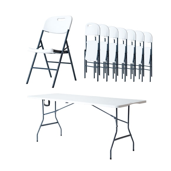 Combo Mesa Plegable Blanca 1.8 metros Tipo Portafolio + 8 Sillas Plegables Blancas Para Exterior LOOMBER